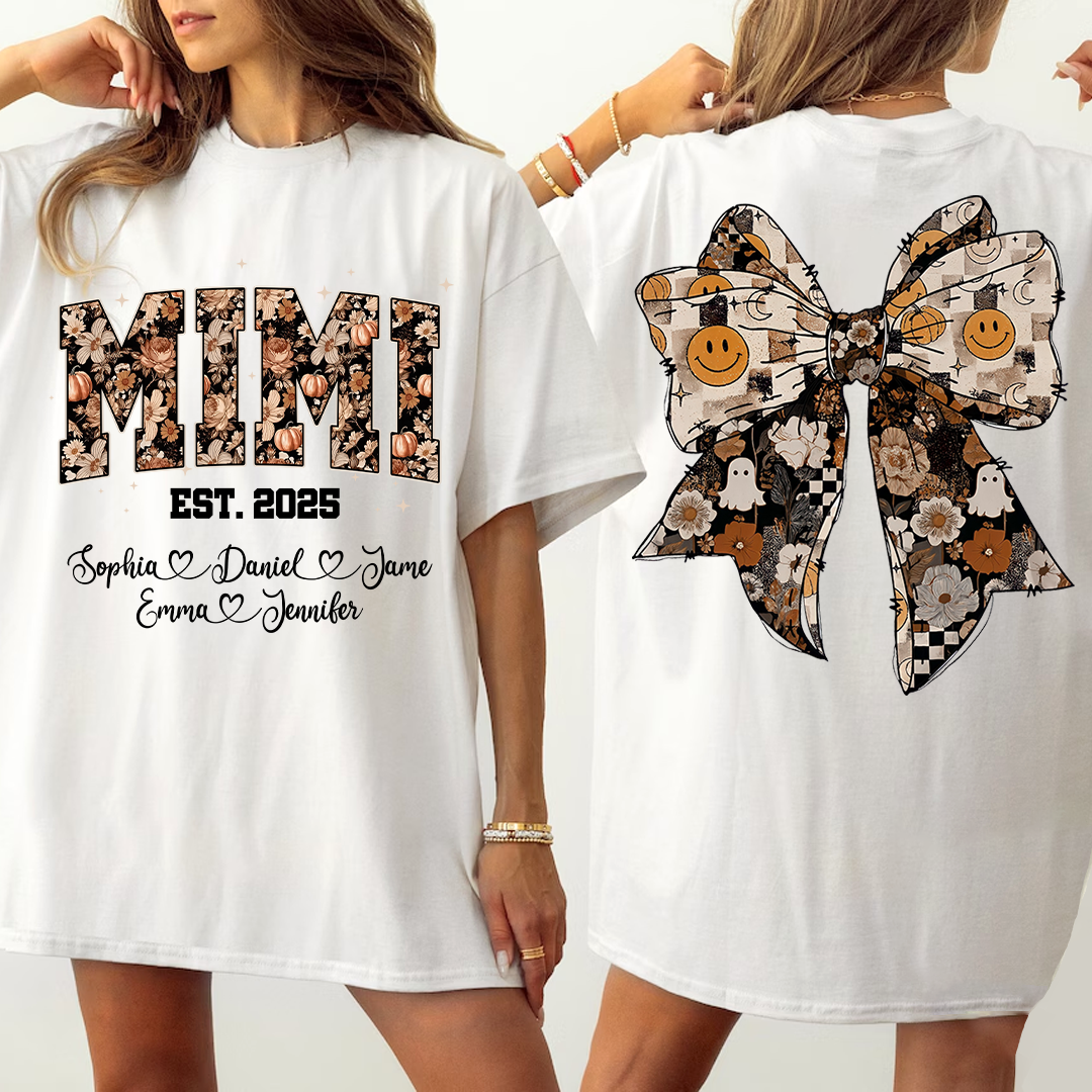 Fall Mimi Shirt with Halloween Bow and Grandkids Names Personalized Gift for Grandma T-shirt