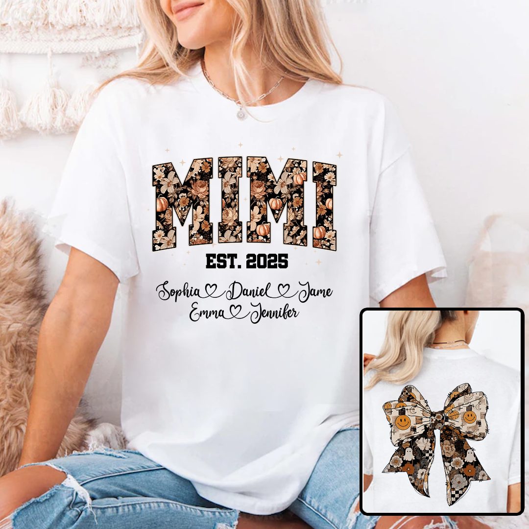 Fall Mimi Shirt with Halloween Bow and Grandkids Names Personalized Gift for Grandma T-shirt