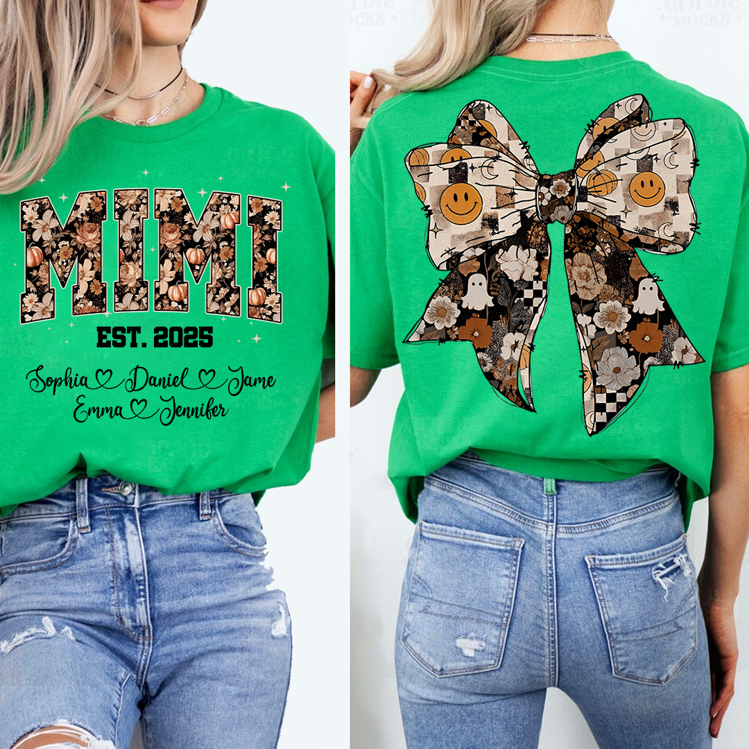 Fall Mimi Shirt with Halloween Bow and Grandkids Names Personalized Gift for Grandma T-shirt