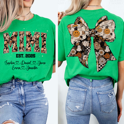 Fall Mimi Shirt with Halloween Bow and Grandkids Names Personalized Gift for Grandma T-shirt