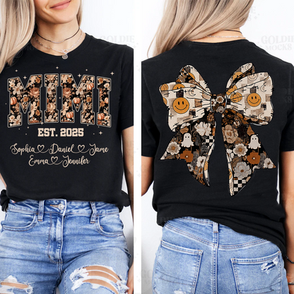 Fall Mimi Shirt with Halloween Bow and Grandkids Names Personalized Gift for Grandma T-shirt