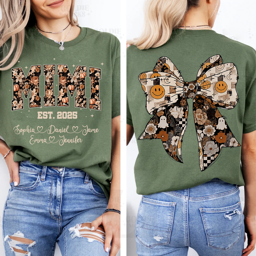 Fall Mimi Shirt with Halloween Bow and Grandkids Names Personalized Gift for Grandma T-shirt