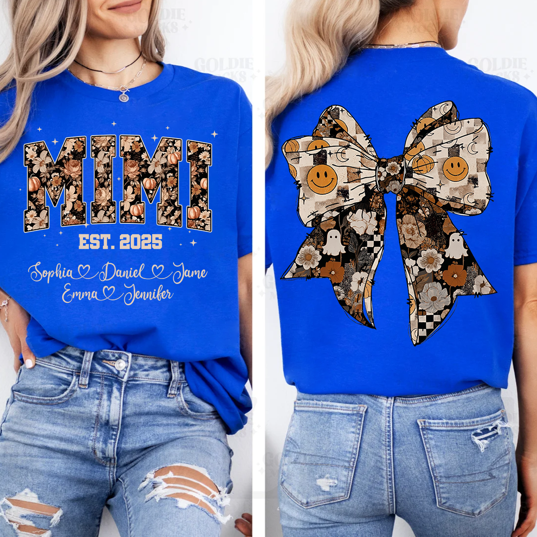 Fall Mimi Shirt with Halloween Bow and Grandkids Names Personalized Gift for Grandma T-shirt