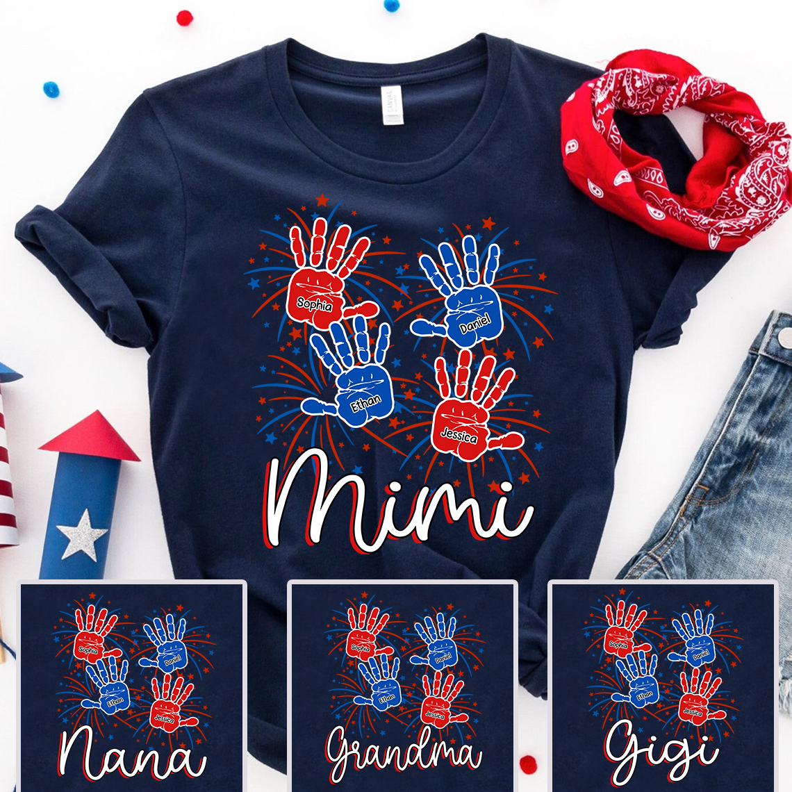 Personalized Mimi Shirt with Handprints, Custom Grandkids Names and Fireworks Design, Perfect Gift for Mimi