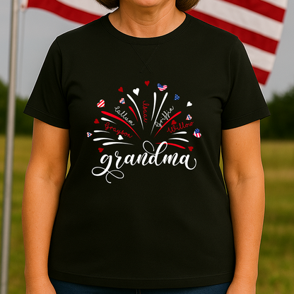 Firework America Flag Grandma And Grandkids Names 4th Of July Flag Classic X-Stitch Tee
