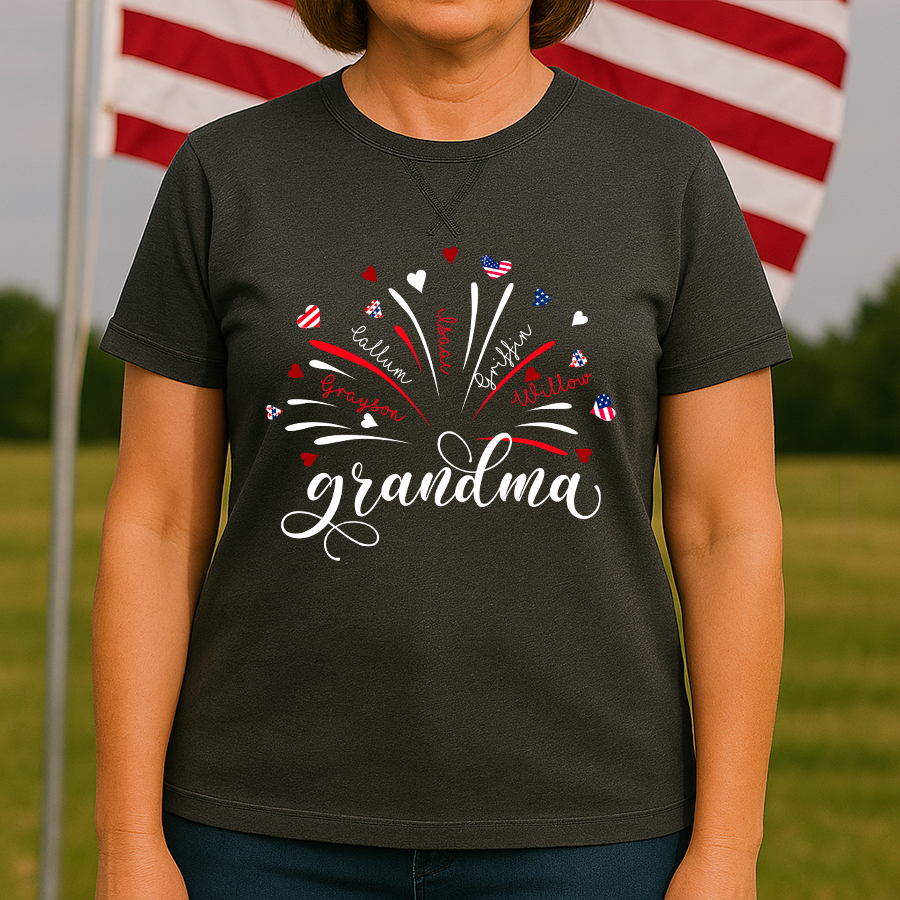 Firework America Flag Grandma And Grandkids Names 4th Of July Flag Classic X-Stitch Tee
