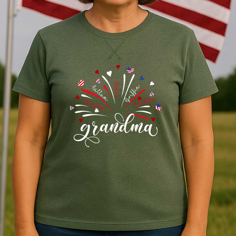 Firework America Flag Grandma And Grandkids Names 4th Of July Flag Classic X-Stitch Tee