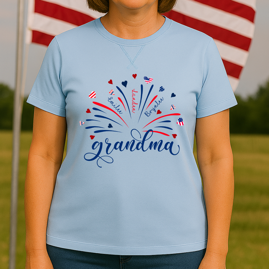 Firework America Flag Grandma And Grandkids Names 4th Of July Flag Classic X-Stitch Tee