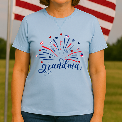 Firework America Flag Grandma And Grandkids Names 4th Of July Flag Classic X-Stitch Tee