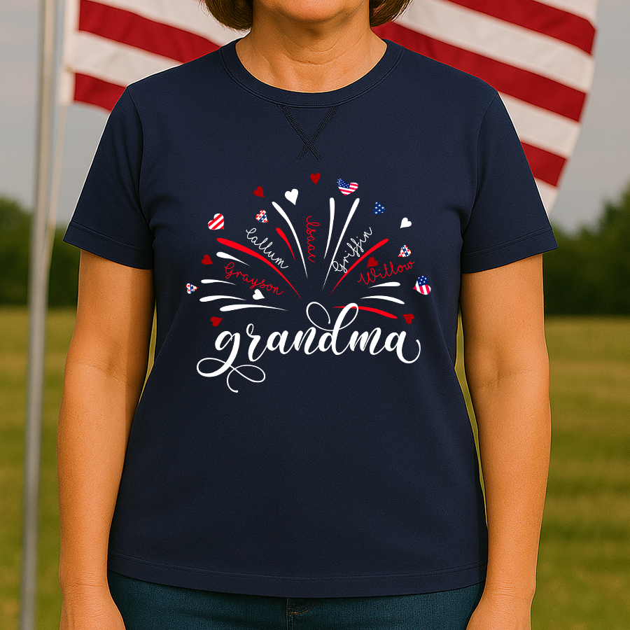 Firework America Flag Grandma And Grandkids Names 4th Of July Flag Classic X-Stitch Tee