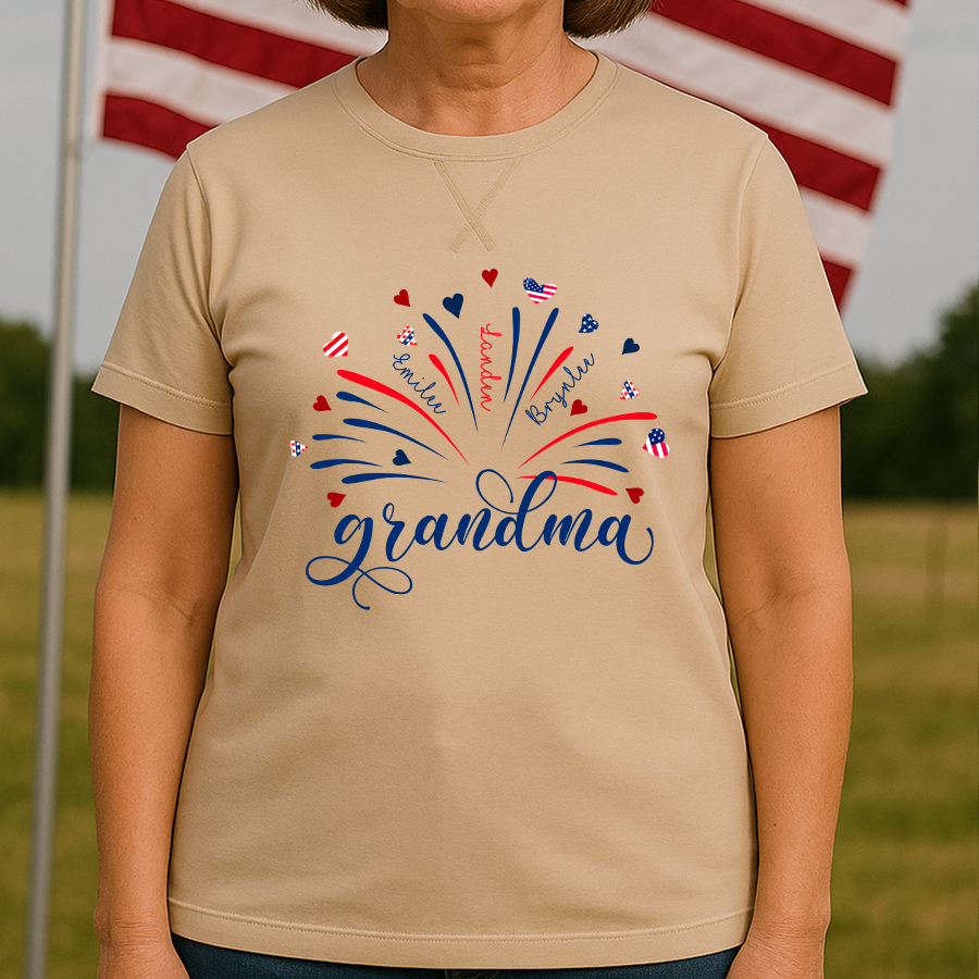 Firework America Flag Grandma And Grandkids Names 4th Of July Flag Classic X-Stitch Tee
