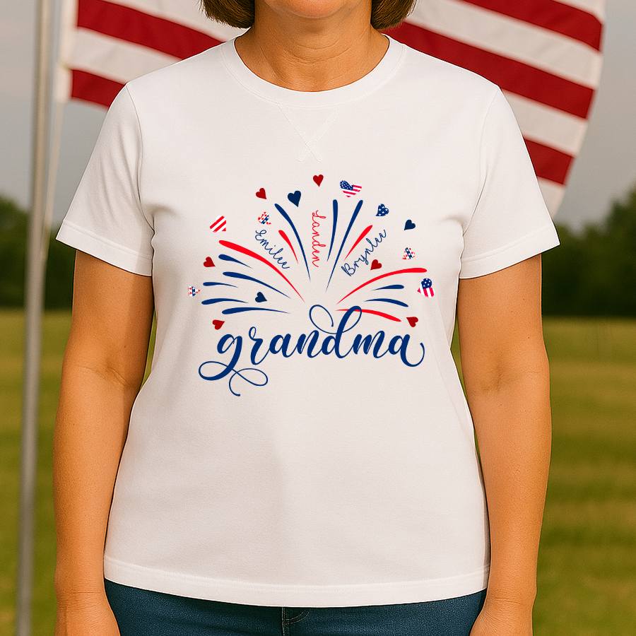 Firework America Flag Grandma And Grandkids Names 4th Of July Flag Classic X-Stitch Tee