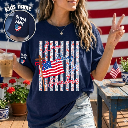 Floral Stripes Love Being A Grandma America Flag, Faith Fourth of July T-Shirt
