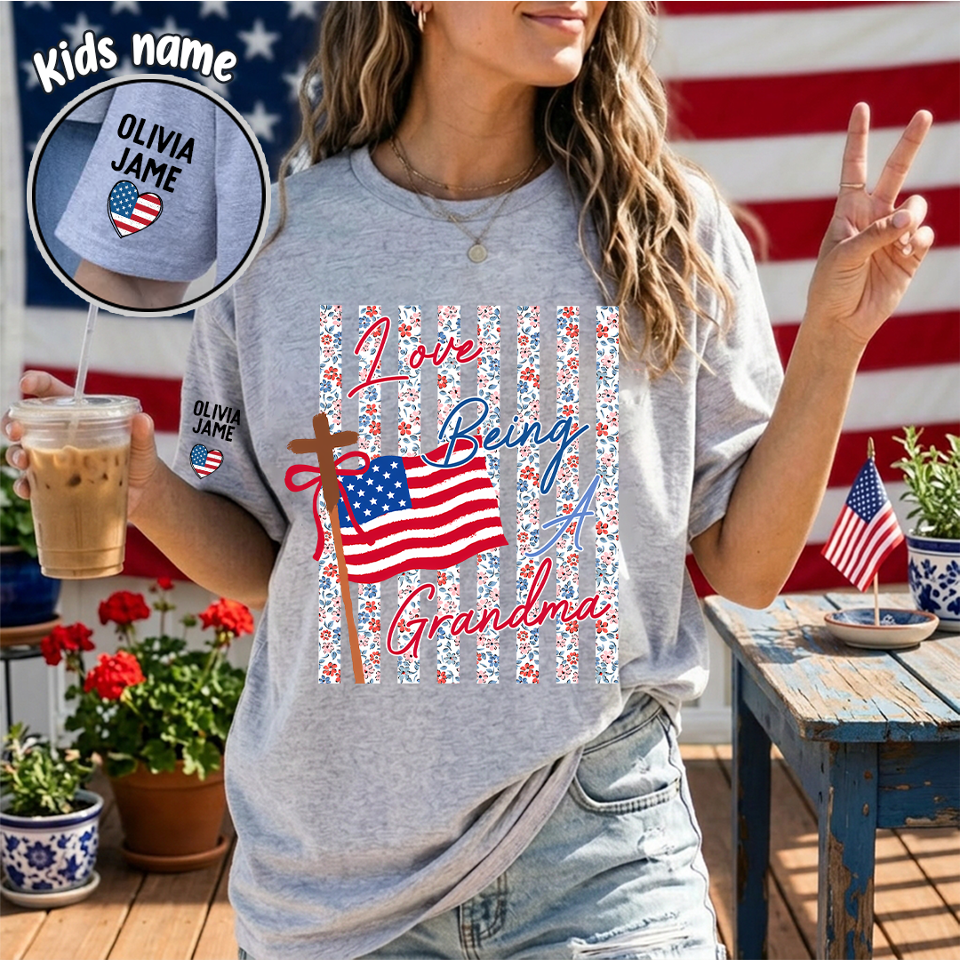 Floral Stripes Love Being A Grandma America Flag, Faith Fourth of July T-Shirt