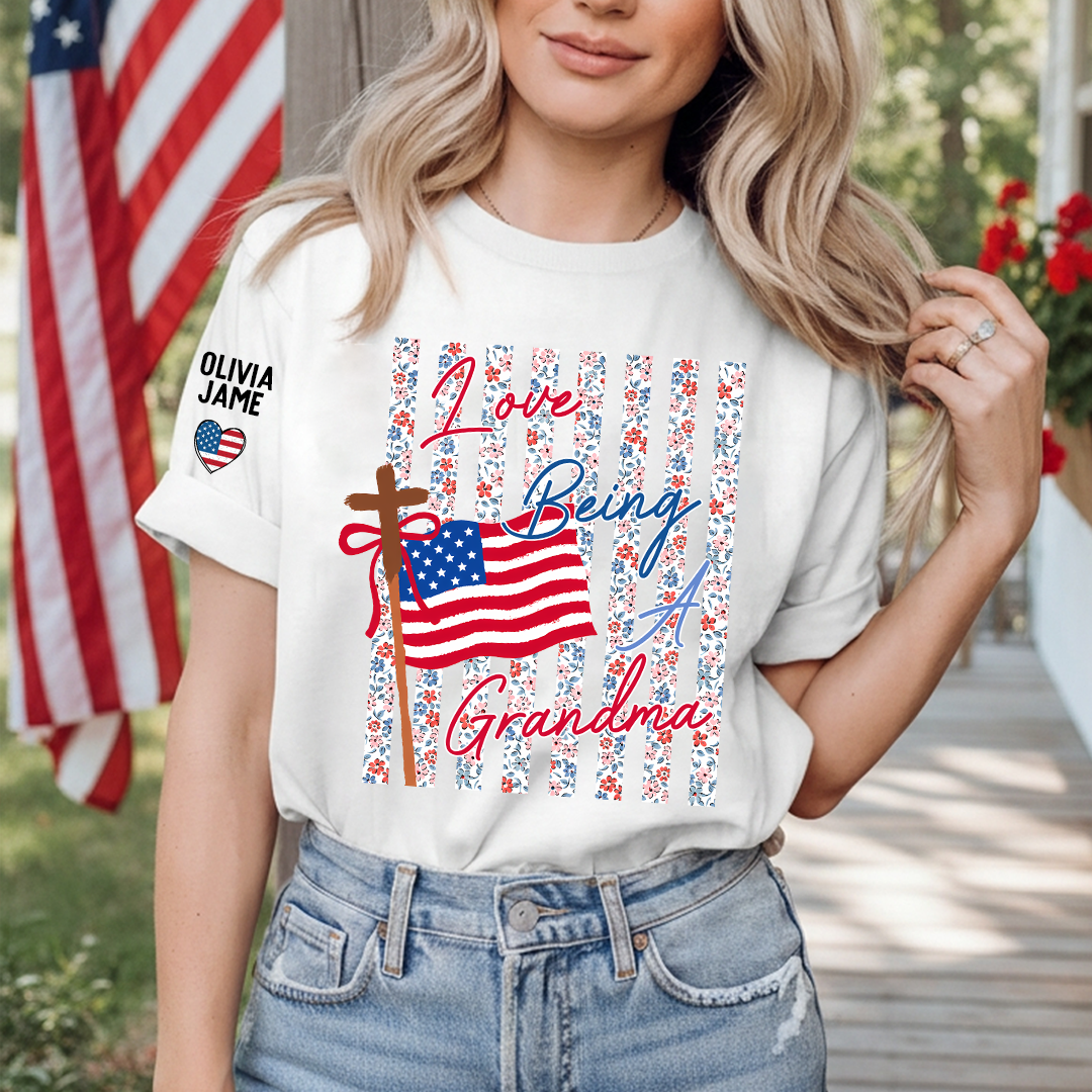 Floral Stripes Love Being A Grandma America Flag, Faith Fourth of July T-Shirt