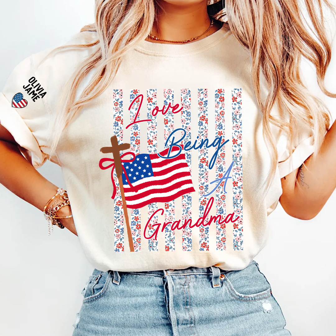Floral Stripes Love Being A Grandma America Flag, Faith Fourth of July T-Shirt