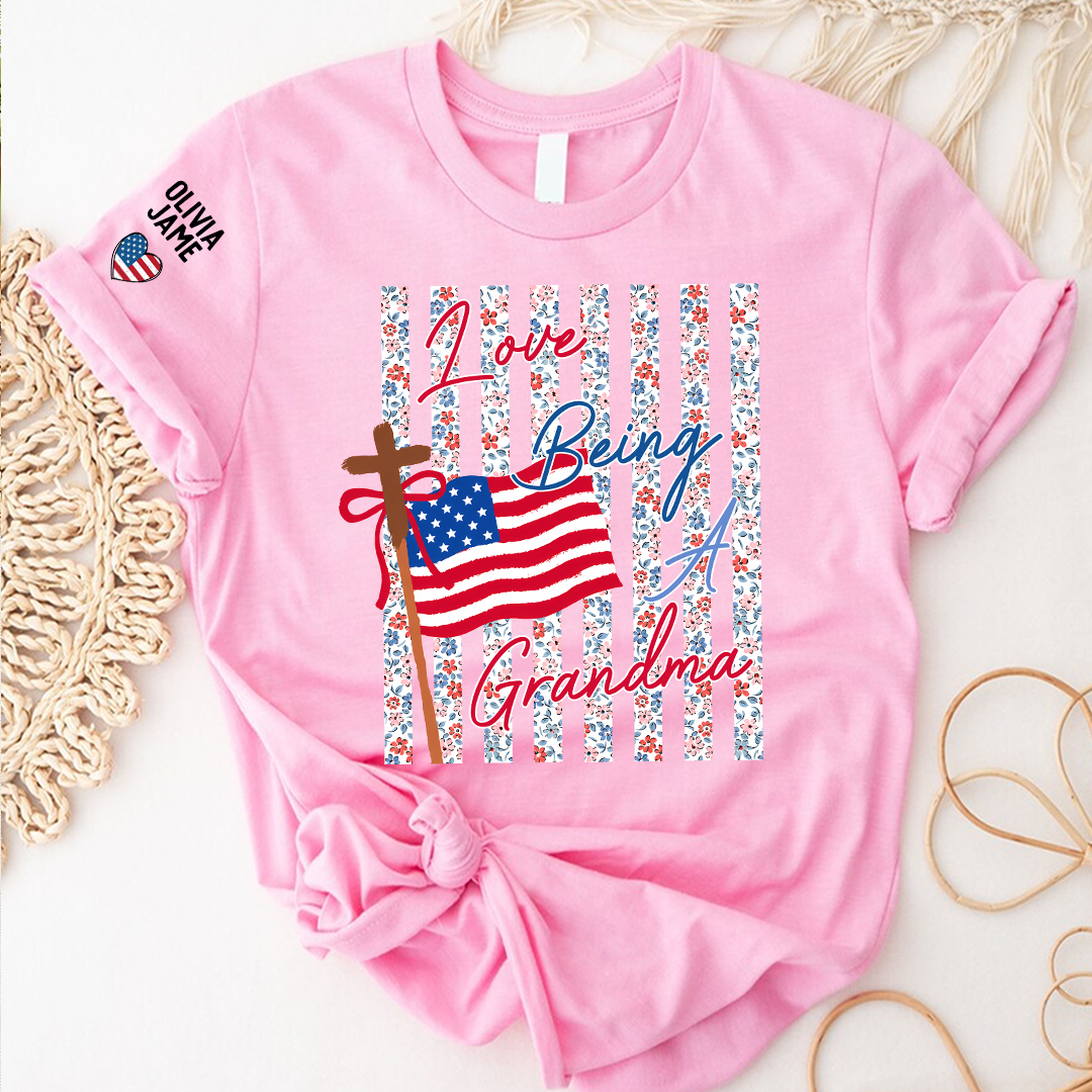 Floral Stripes Love Being A Grandma America Flag, Faith Fourth of July T-Shirt