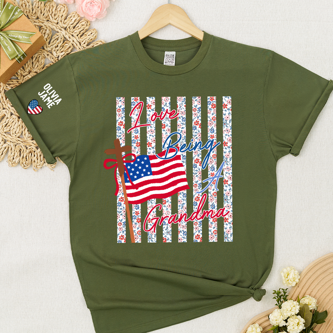 Floral Stripes Love Being A Grandma America Flag, Faith Fourth of July T-Shirt