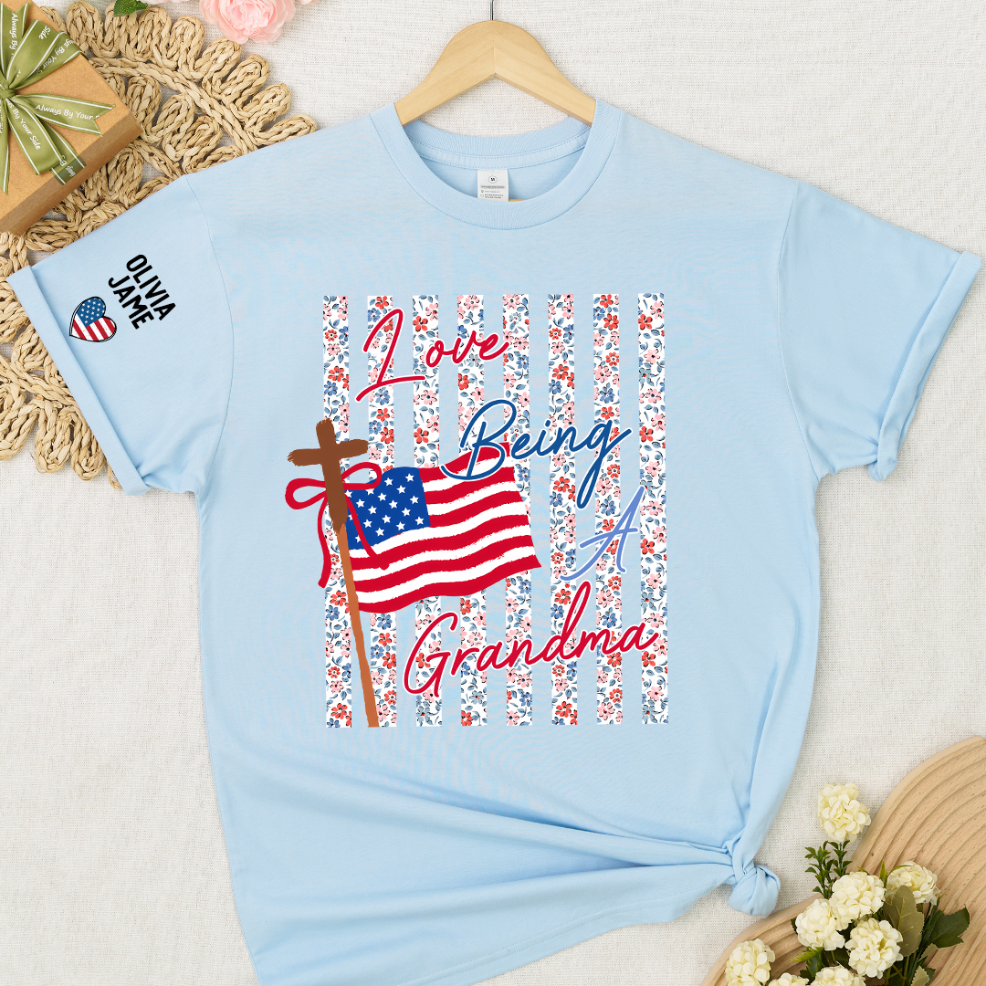 Floral Stripes Love Being A Grandma America Flag, Faith Fourth of July T-Shirt