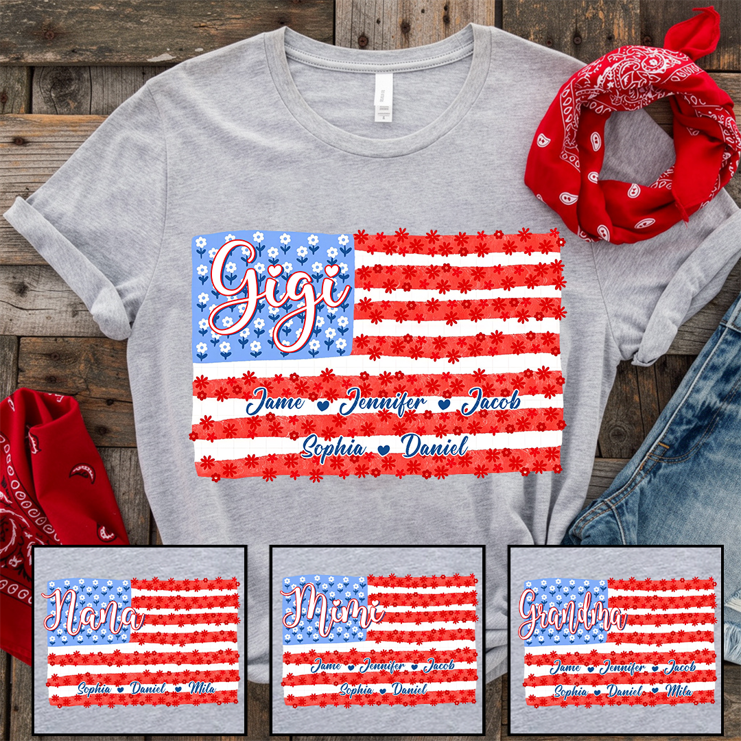 Floral USA flag, Daisies American Gigi Nana Grandma and Grandkids Custom Name, 4th of July Trendy T-Shirt