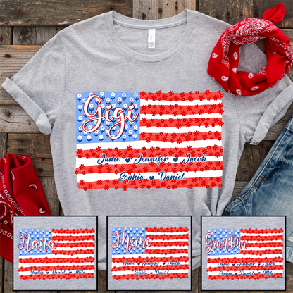 Floral USA flag, Daisies American Gigi Nana Grandma and Grandkids Custom Name, 4th of July Trendy T-Shirt