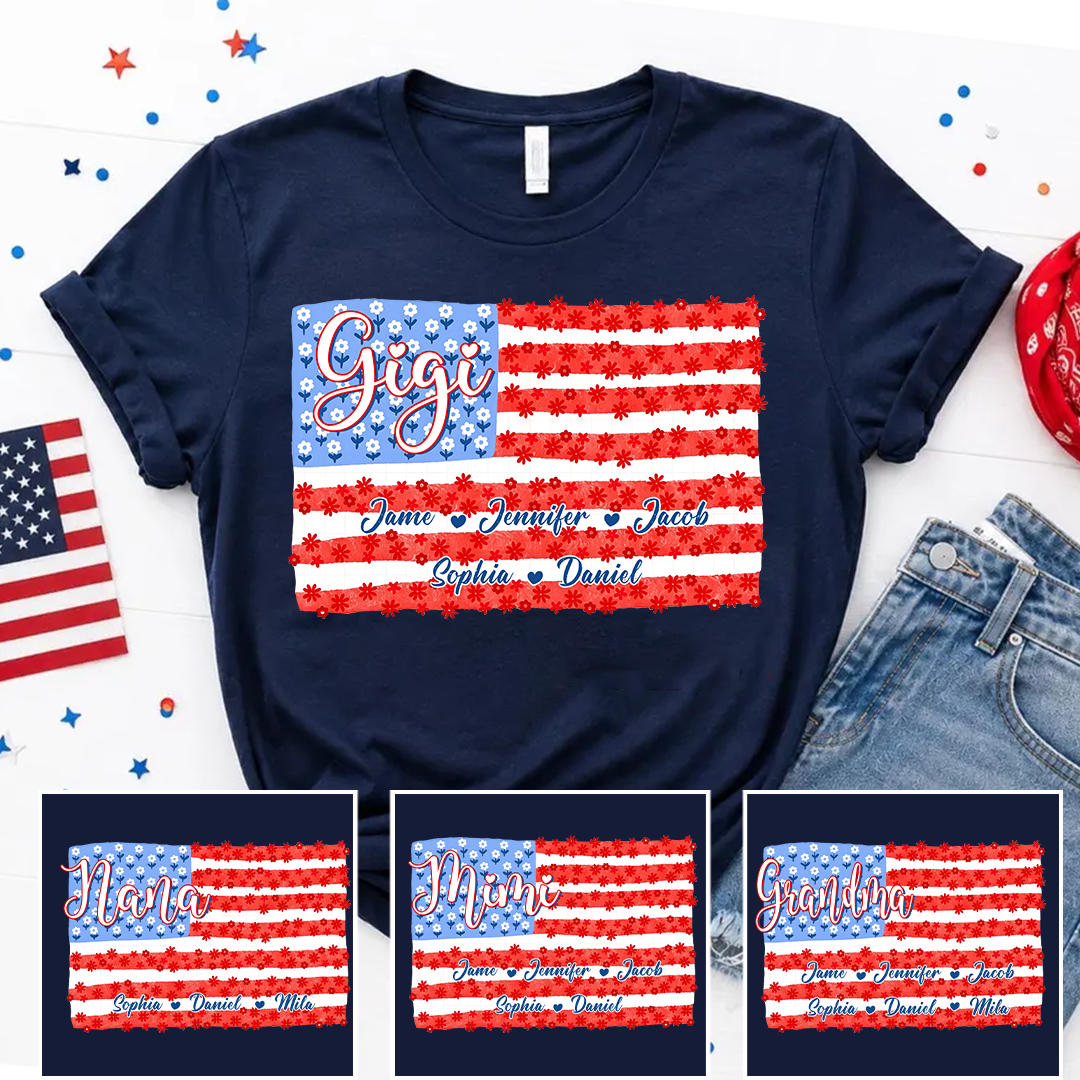 Floral USA flag, Daisies American Gigi Nana Grandma and Grandkids Custom Name, 4th of July Trendy T-Shirt