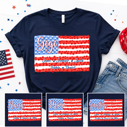 Floral USA flag, Daisies American Gigi Nana Grandma and Grandkids Custom Name, 4th of July Trendy T-Shirt
