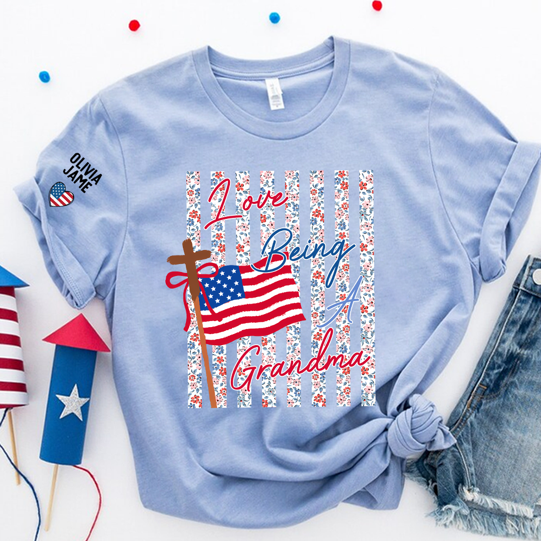 Floral Stripes Love Being A Grandma America Flag, Faith Fourth of July T-Shirt