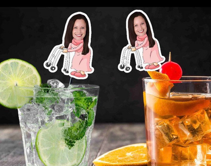 Funny Over the Hill drink stirrers personalized with face, stir sticks Custom Party Decorations, 40th, 50th swizzle sticks