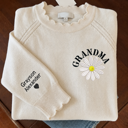 Custom Grandma Knit Sweater – Embroidered Daisy Pattern, Personalized Sleeve Text, Cozy Gift for Nana