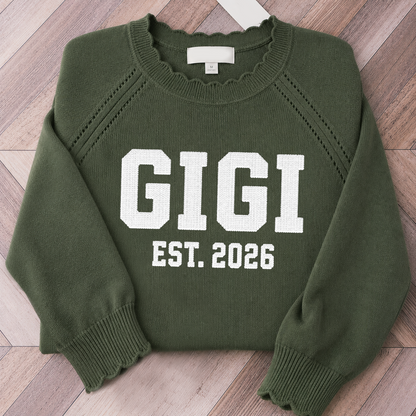 Personalized Mimi EST. 2026 Knit Sweater – Custom Name Cozy Crewneck Pullover Gift