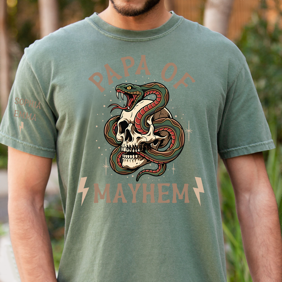 Papa Of Mayhem Personalized Shirt, Custom Papa Skull Snake Tee with Kids Names on Sleeve, Funny Grandpa Father Graphic T Shirt, Gift For Father’s Day Birthday