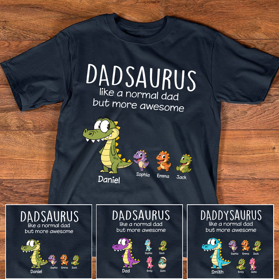 Personalized Dad Dinosaur Shirt with Custom Kids Names, Funny Grandpa Family T Shirt for Dad Daddy, Father's Day Birthday Gift