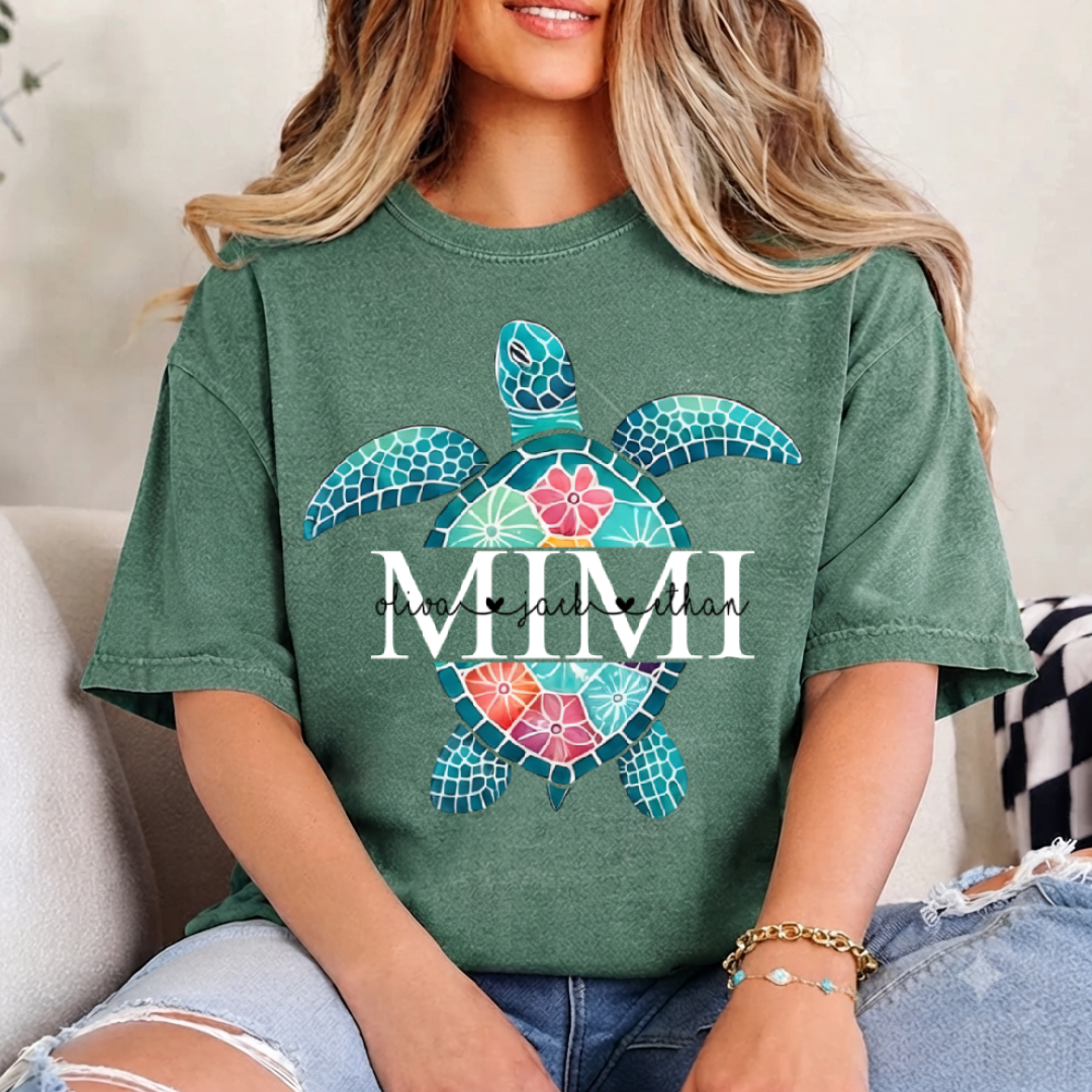 Personalized Mimi Sea Turtle Shirt, Custom Kids Names Floral Tee, Custom Family Names Gift for Grandma Shirt
