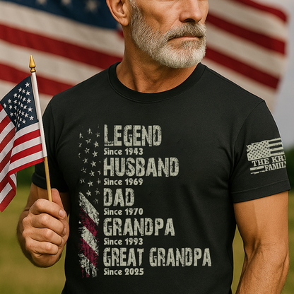 Legend Husband Dad Grandpa Shirt, Personalized Christmas Gift for Grandpa 2025, Custom Family Year Shirt for Dad Husband, Vintage American Flag Tee for Men