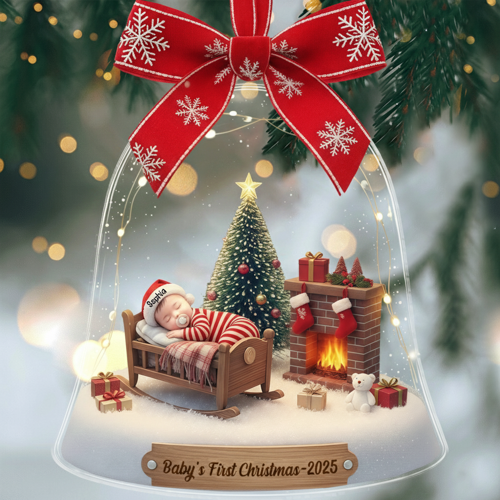 Baby’s First Christmas Ornament 2025 – Personalized Ornament with Sleeping Baby in Crib, Custom Name Christmas Gift Ornament