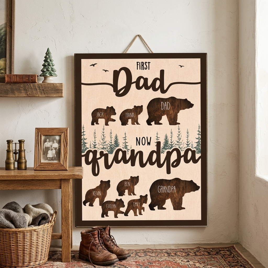 Personalized Grandpa Sign, First Dad Now Grandpa Wood Decor, Custom Kids Names Bear Family Wall Art, Gift for Grandfather