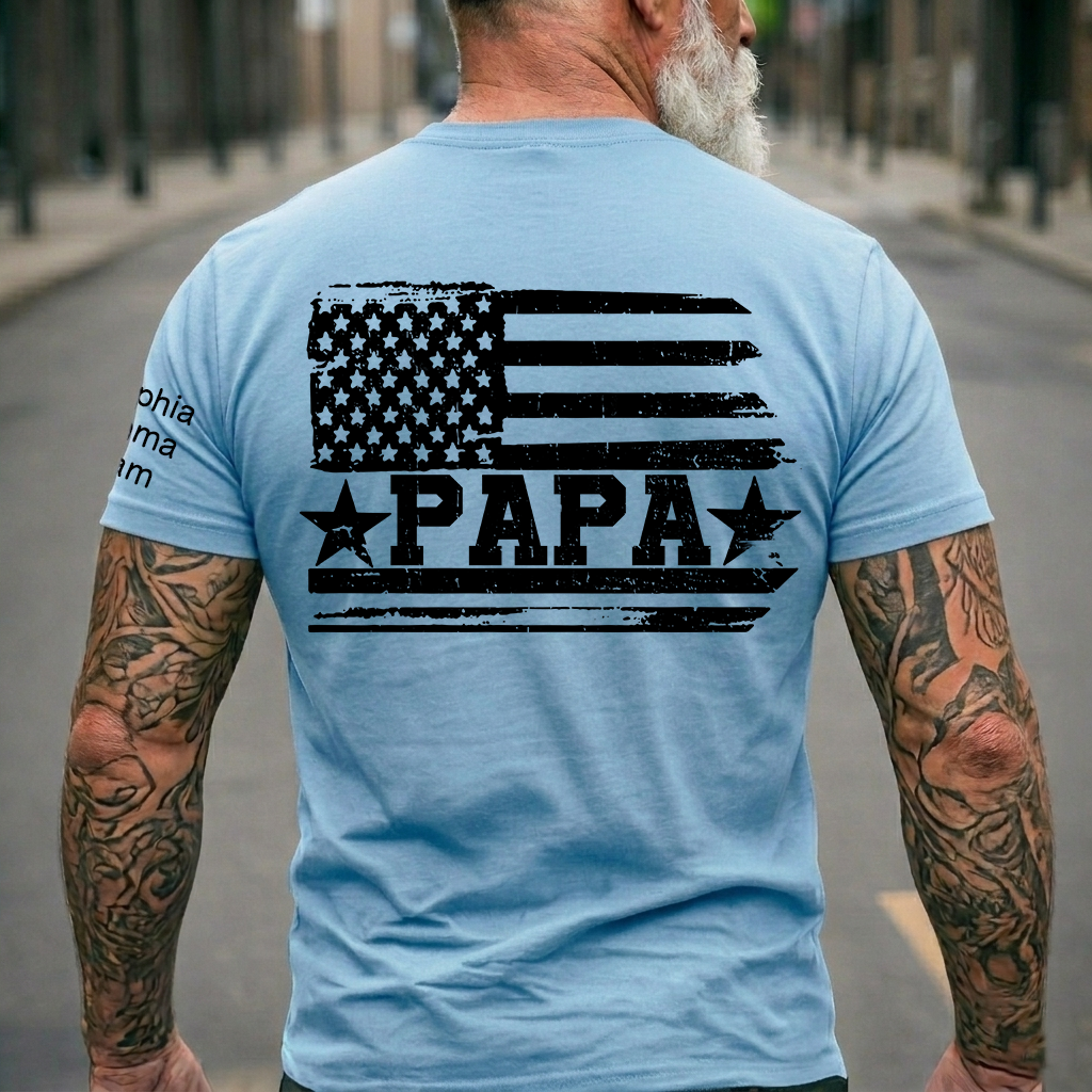 Personalized Papa T-Shirt with Custom Kids Names Option, American Flag Patriotic Design for Dad, Fathers Day Birthday Gift, Family Celebration Shirt