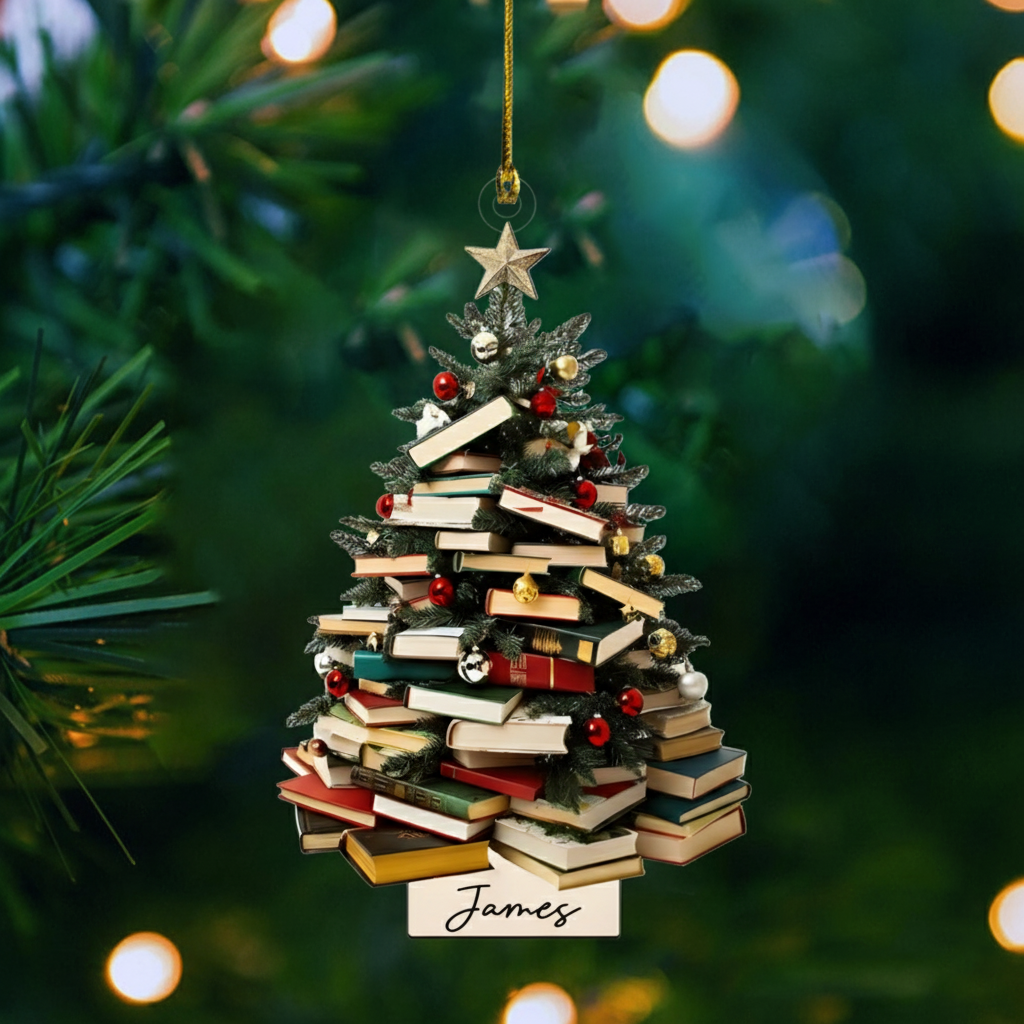 Personalized Book Tree Ornament 2025 – Custom Name Christmas Ornament for Book Lovers, Readers & Teachers Ornament