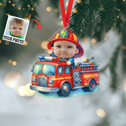 Personalized Baby Firefighter Ornament 2025 – Custom Photo Fire Truck Christmas Decoration, Unique Gift for Kids & Families