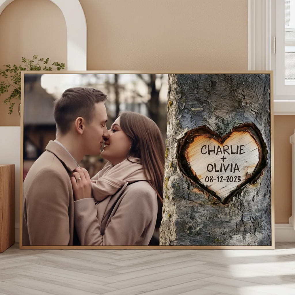 Personalized Couple Photo Wall Art With Names And Date, Romantic Love Home Decor Canvas