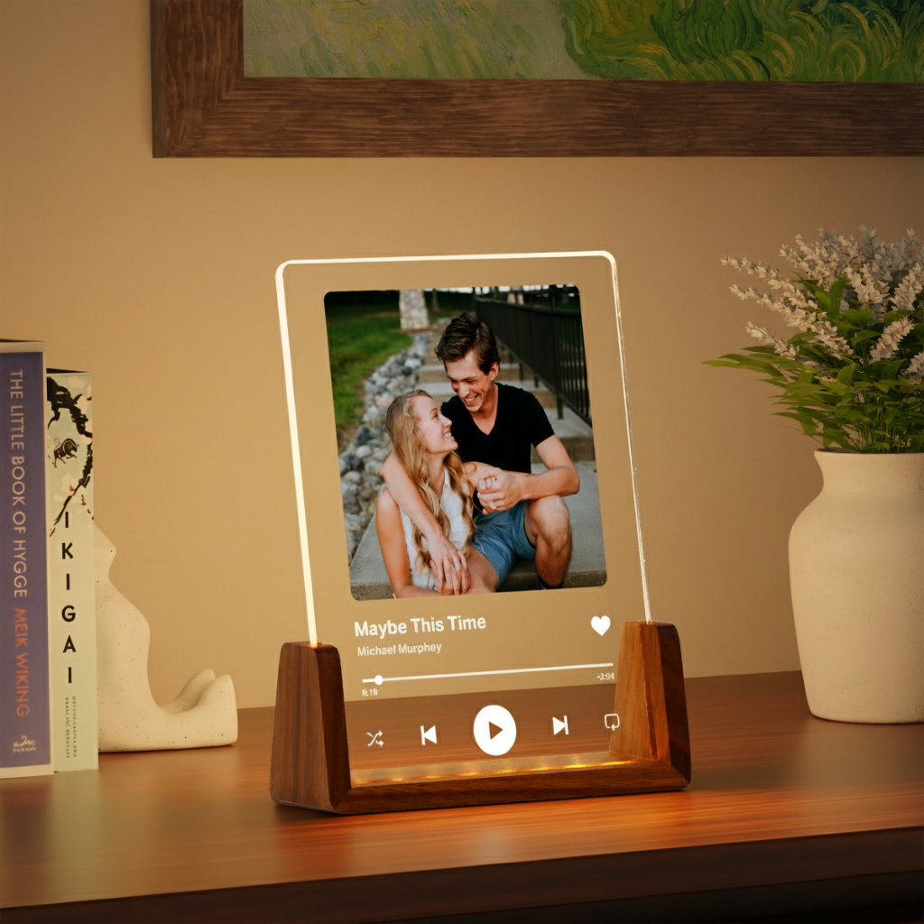 Custom Song Photo LED Acrylic Night Light, Personalized Music Player Plaque with Picture and Text for Couples