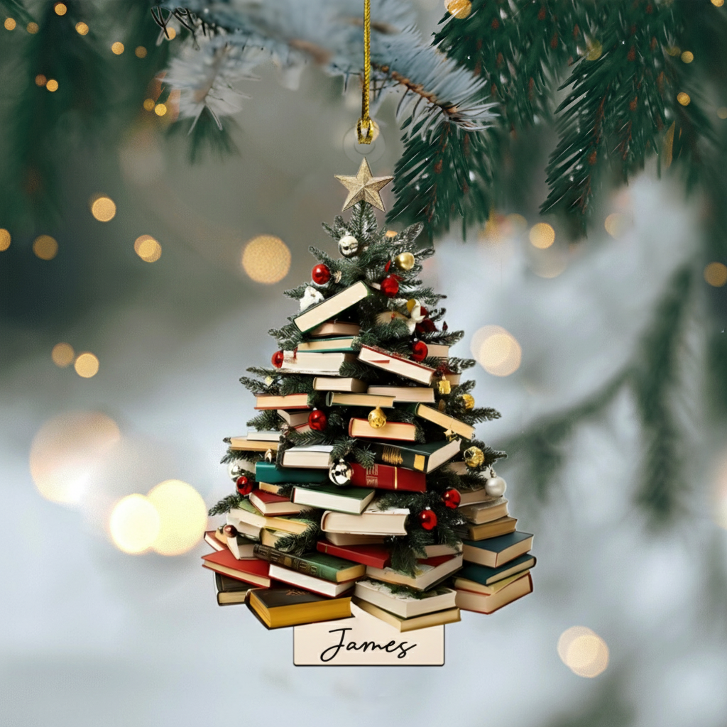 Personalized Book Tree Ornament 2025 – Custom Name Christmas Ornament for Book Lovers, Readers & Teachers Ornament