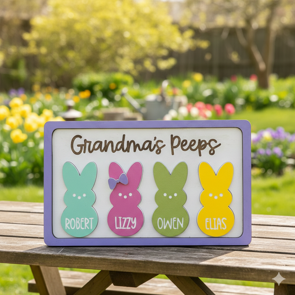 Personalized Easter Wooden Plaque - "Grandma's Peeps" with Custom Grandkids' Names, Cute Bunny Design for Easter