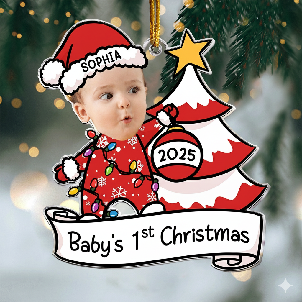 Baby First Christmas Ornament Personalized, Custom Face, Name & Year Xmas Tree Decoration 2025