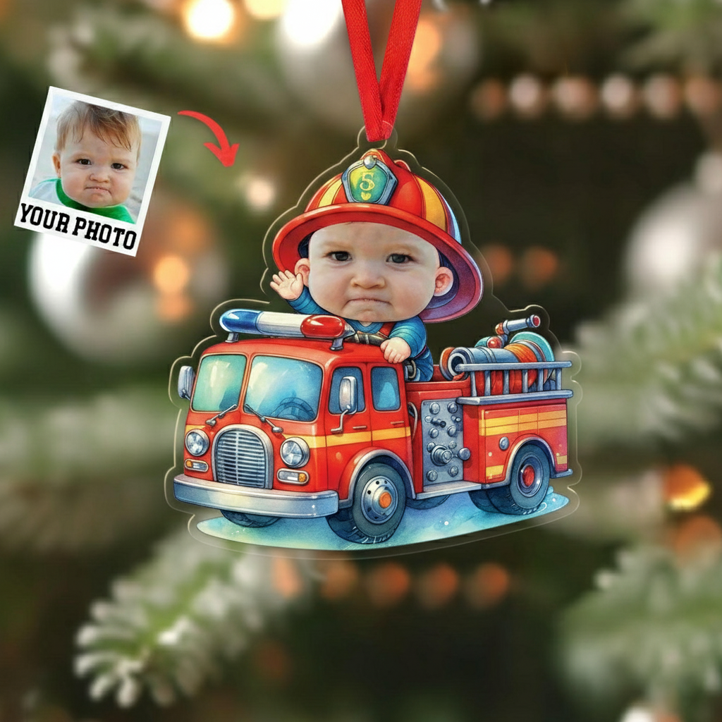 Personalized Baby Firefighter Ornament 2025 – Custom Photo Fire Truck Christmas Decoration, Unique Gift for Kids & Families
