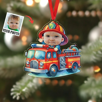 Personalized Baby Firefighter Ornament 2025 – Custom Photo Fire Truck Christmas Decoration, Unique Gift for Kids & Families