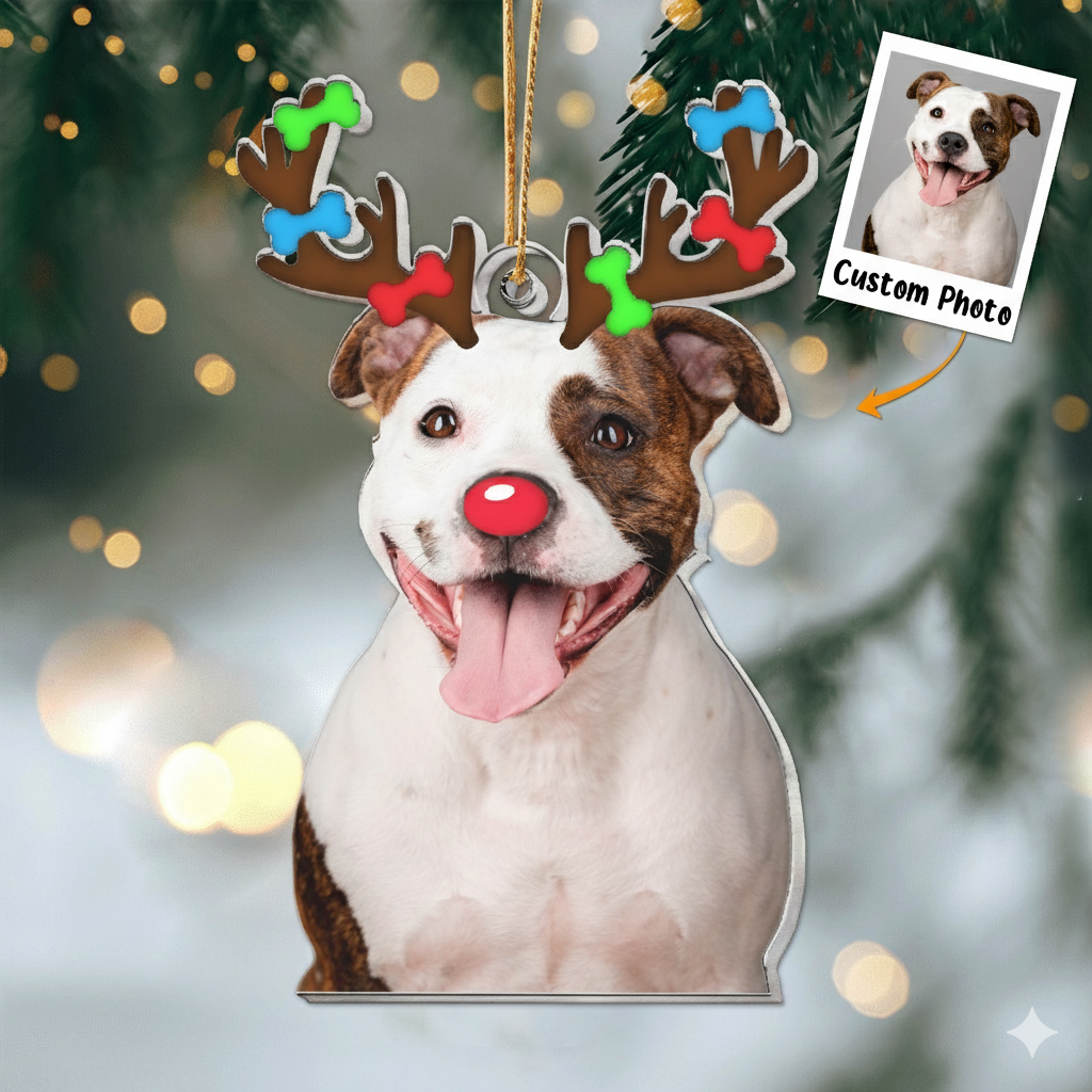 Christmas Reindeer Horn For Pet, Personalized Acrylic Photo Ornament