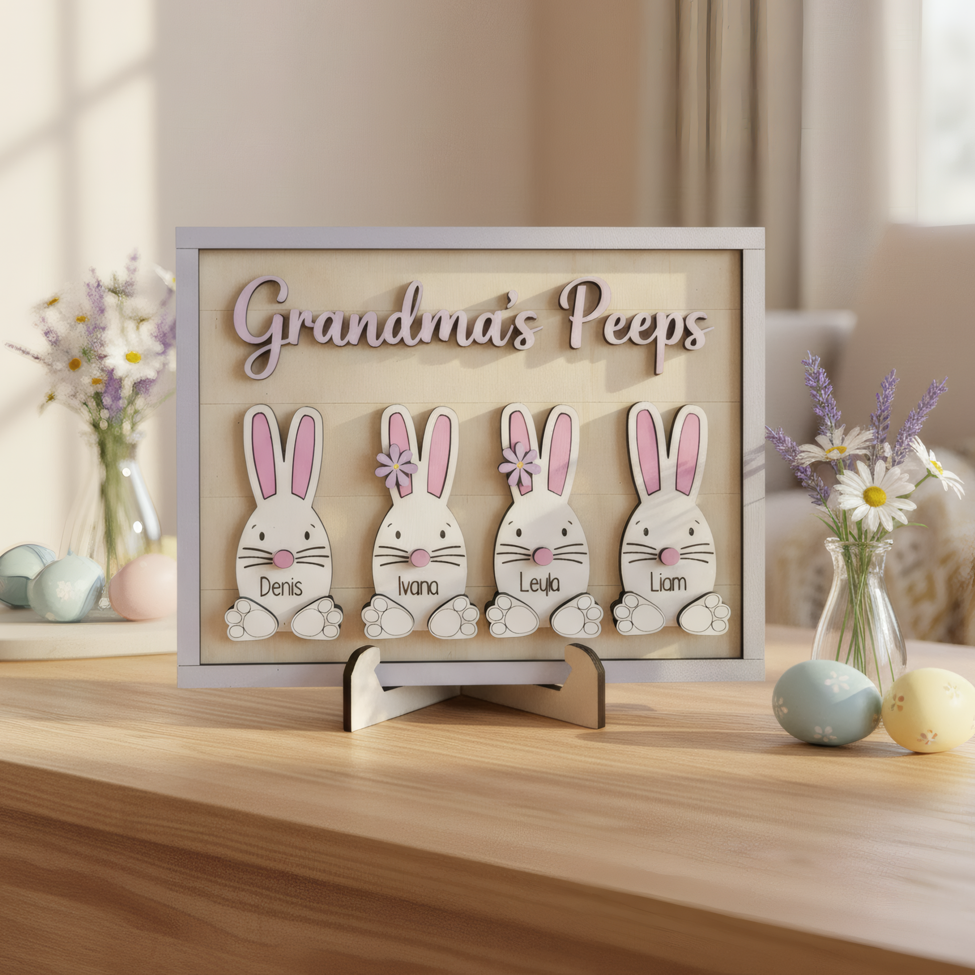 Personalized Easter Wooden Plaque - Custom "Grandma's Peeps" with Grandkids' Names, Easter Bunny Design