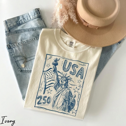 Comfort Colors Patriotic USA 250 T Shirt, Statue of Liberty American Flag Graphic Tee, U.S. 250th Anniversary Fourth of July Outfit
